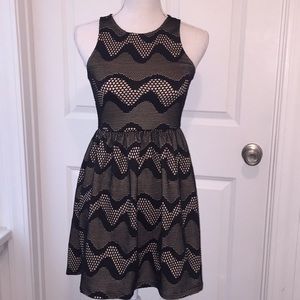 Everly Lace Dress with Flare Skirt - Black and Tan Dress - Women’s Small